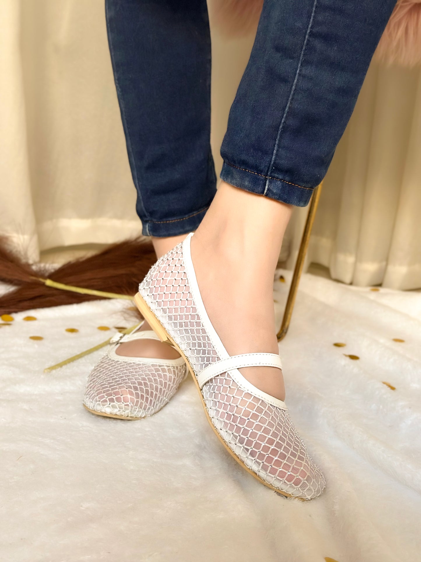 White Mesh Ballet Flats with Buckle Strap