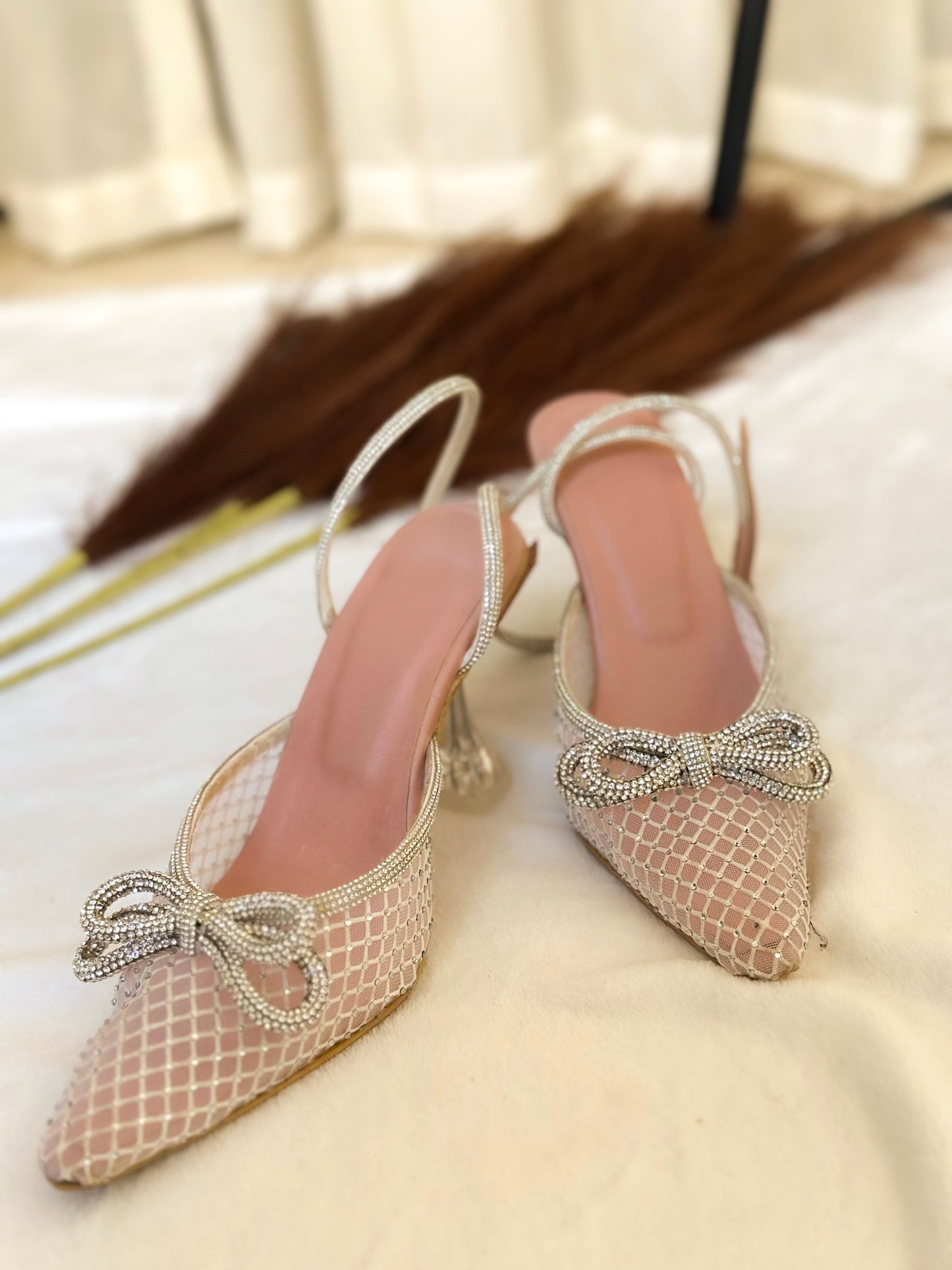 Nude Mesh Bow Heels