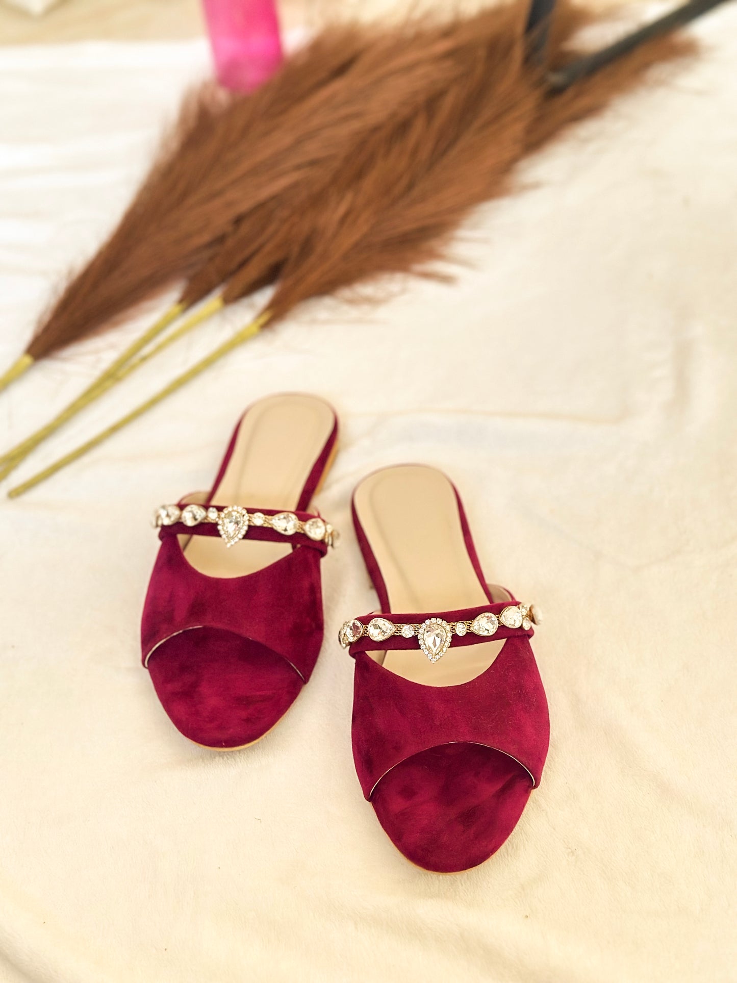 Wine Velvet Gemstone Strap Flats
