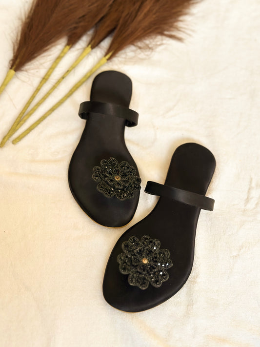 Midnight Bloom Black Beaded Flats